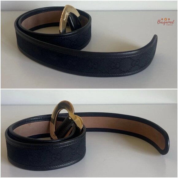 Authentic Gucci Black Monogram Canvas Leather Gold Heart Buckle Belt Size 75/30 - Picture 11 of 13